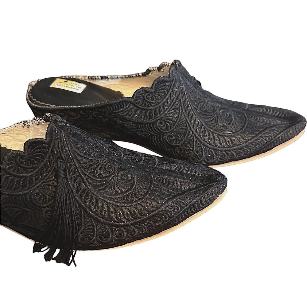 One-of-a-Kind Vintage Embroidered Lace Wedge Mules with Tassels - Picture 3 of 8